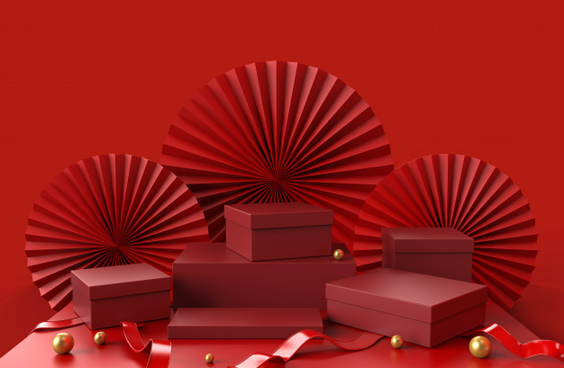 展示豪華產(chǎn)品的包裝的介紹有抽象瓷紙背景和金黃球在地板上,3d的紅色指揮臺(tái)禮物盒例證。 優(yōu)質(zhì)照片