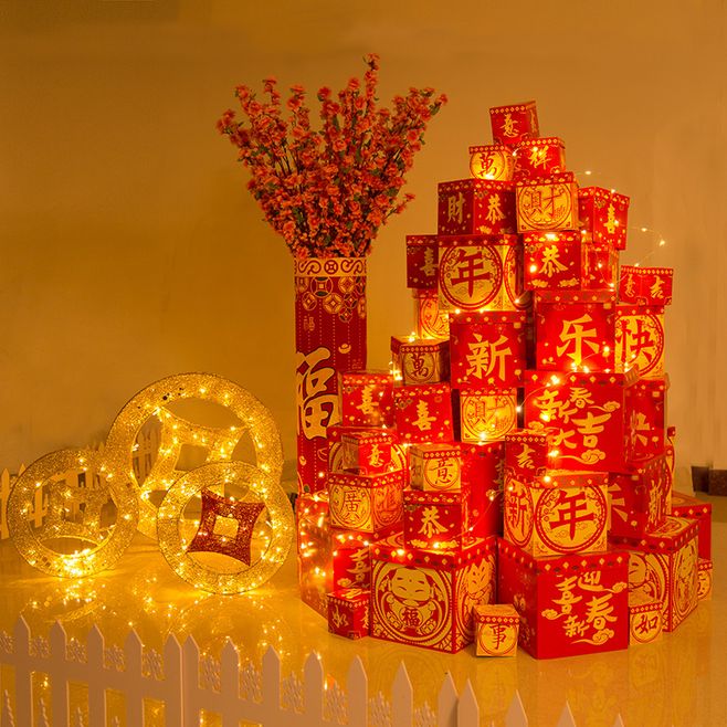 春節(jié)新年裝飾品商場場景布置擺件鞭炮桃花樹坐炮金元寶禮盒堆頭-tmall.com天貓
